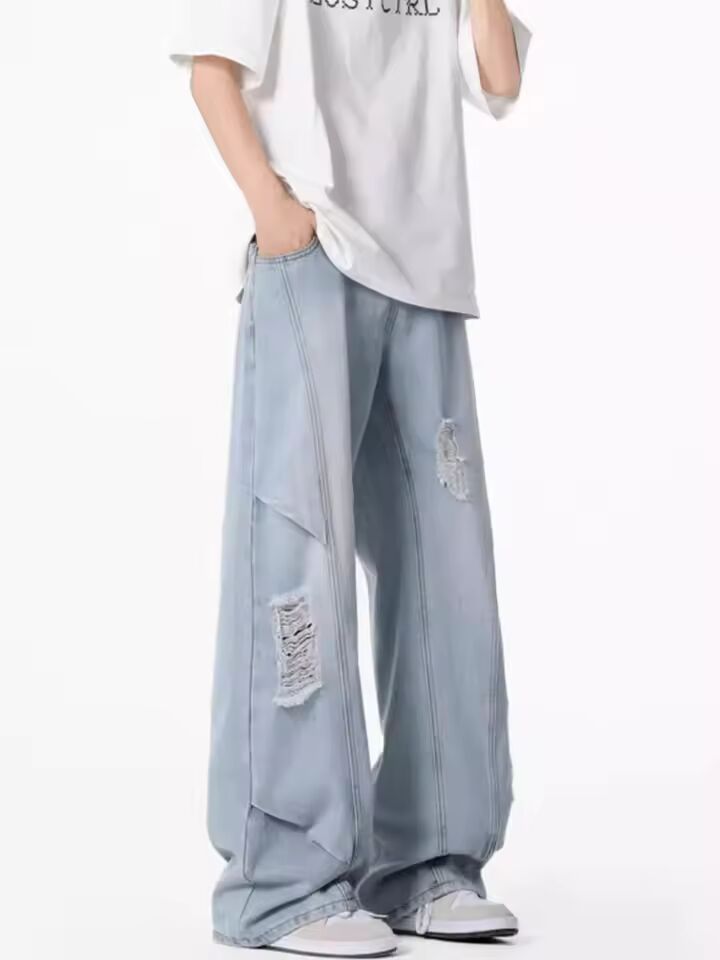 American Hip Hop Fashion Ripped Jeans For Men 2025 Summer Straight-Leg Baggy Denim Pants Splicing Washed Y2K Vintage Jean