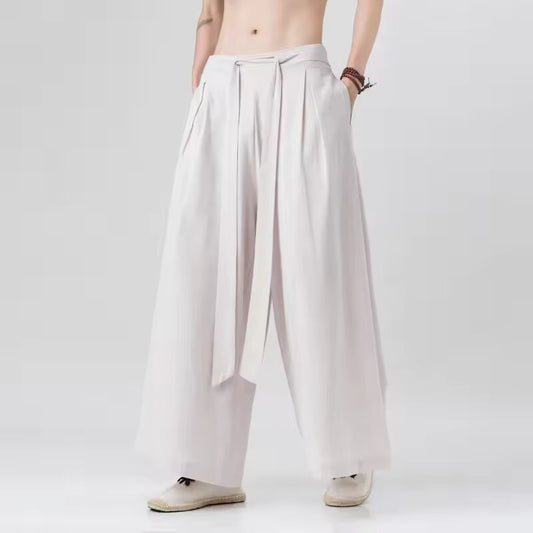 2024 Spring Men Chinese Style Cotton Linen Harajuku Pants Men Kung Fu Kimono Trousers Male Street Wushu Wide Leg Pants Bottom