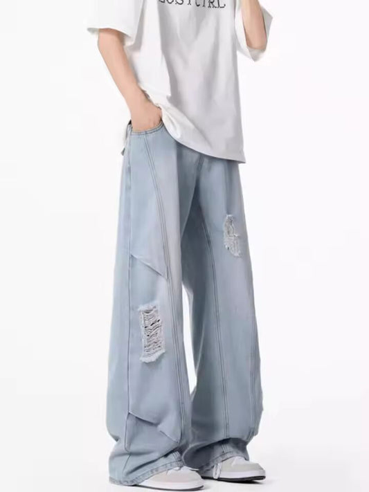 American Hip Hop Fashion Ripped Jeans For Men 2025 Summer Straight-Leg Baggy Denim Pants Splicing Washed Y2K Vintage Jean