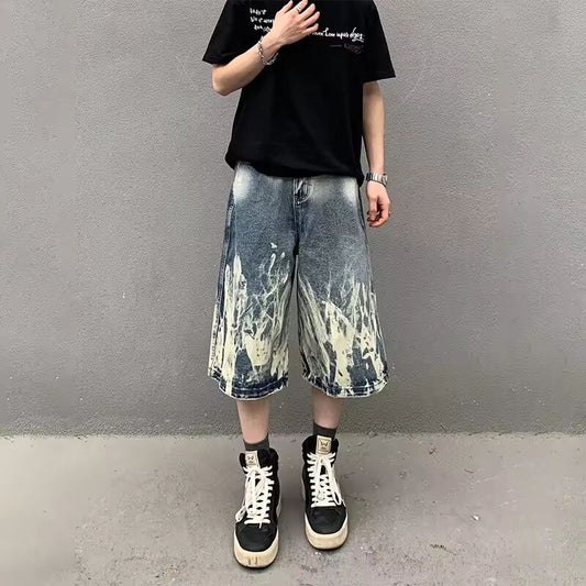 2025 New Flame Graphic Print Denim Shorts For Men Hip Hop Fashion Straight-leg Baggy Jorts Punk Tie Dye Gradient Y2K Short Jean